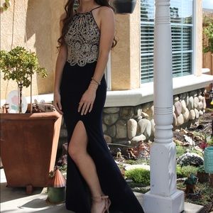 Gold and navy blue prom dress
